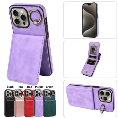For iPhone 16E 15 14 13 12 11 XR 7 Magnetic Leather Ring Stand Card Wallet Case - Image 1 of 4