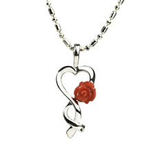 925 SS Heart Pendant w Natural Italian Coral Rose Carving w Rhodium Plating