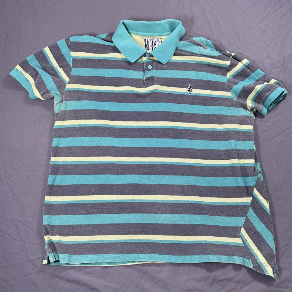 Volcom Short Sleeve Polo Shirt Stripe Green Black Yellow XL - Image 1 of 4