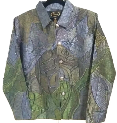 Vtg Alex Kim Jacket Women PM Purple Green Boxy Beaded Embroidered 90s Artzy Boho - Image 1 of 4