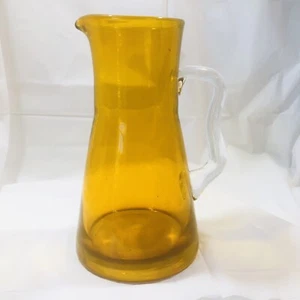 Handblown Jonquil Yellow Glass Pitcher Applied Clear Glass Handle 8.75” (BC) - Picture 1 of 9