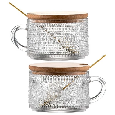 Juego de 2 tazas de té vintage de vidrio con tapas de madera de 14 OZ en relieve Foto 1 de 4