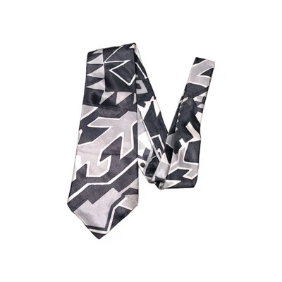 Gravata geométrica masculina vintage Surrey 100% poliéster preta, cinza e branca - Imagem 1 de 4