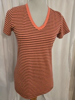 锐步女式中号 T 恤休闲条纹亮橙色蓝色条纹 — 第 1/4 张图片