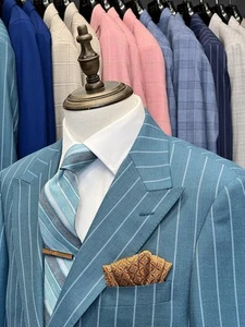 TIGLIO LUXE NWT Teal Pin Stripe 3 PC Wide Peak Lapel Suit DB Vest Size 50R - Picture 1 of 8