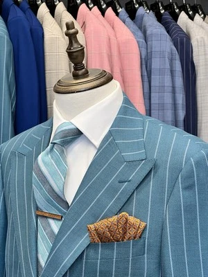 TIGLIO LUXE NWT Teal Pin Stripe 3 PC Wide Peak Lapel Suit DB Vest Size 50R - Image 1 of 4