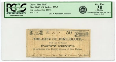 1860's 50c The City of Pine Bluff - Pine Bluff, ARKANSAS Note PCGS VF 20 - Image 1 of 2