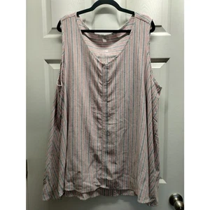 NWOT Woman Within Size 1X Top 22/24 Pink Blue Striped Linen Blend Button Up Tank - Picture 1 of 6