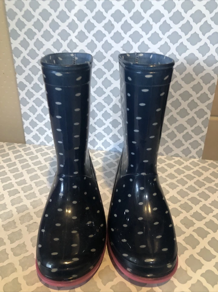 Crazy 8 Rain Boots  Pull On Shoes Navy White Polka Dot Girls Youth Size 12 - Image 1 of 4