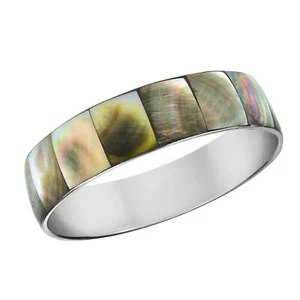Gray Ocean Shadows Black Lip Shell Inlaid Stainless Steel Bangle Bracelet - Picture 1 of 4