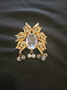 Vintage Signed Caviness Gold Tone Brooch Pin Rhinestone Crystal Filigree - Picture 1 of 6