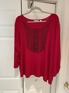 Susan Graver Woman’s Plus Sz 2X  Beaded Red Tunic With Ruched 3/4 Sleeves - Picture 1 of 10