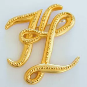 Fabulous Large Vintage Karl Lagerfeld KL Logo Emblem Satin Gold Brooch - Picture 1 of 6