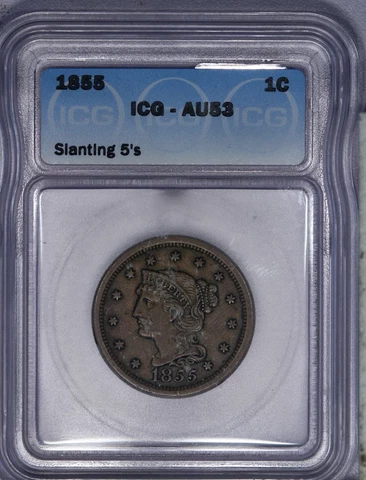 1855 Braided Hair Large Cent 1c ICG AU53 Slanting 5's Cover