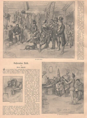 Zirkus"Fahrendes Volk"7 Abb. u.a.Vom Pferd gestürzt Original Holzstich von 1892 - Bild 1 von 2