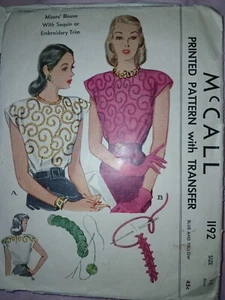 McCall 1192 Bluse Muster mit Transfer Vintage 40er Jahre B34 Brustweite 34 Größe 16 UC - Bild 1 von 2