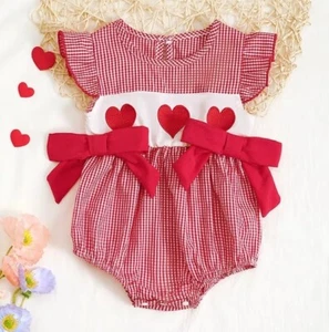 NEW Valentine's Day Embroidered Heart Baby Girls Plaid Bubble Romper - Picture 1 of 6