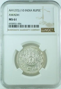 India Awadh AH1272/10 Nazarana Type Rupee NGC MS61 - Very Rare in full strike - Picture 1 of 2