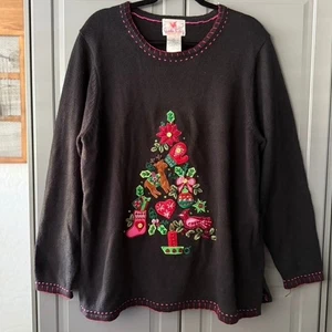 Quaker Factory Women's Embroidered Christmas Tree L/S Sweater,Black, 1X - Picture 1 of 7