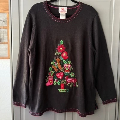 Quaker Factory Women's Embroidered Christmas Tree L/S Sweater,Black, 1X - Image 1 of 4