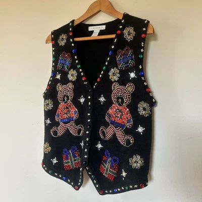 Vintage Claudia D Medium Christmas Sweater Holiday Vest Bears Sequins Sparkle - Image 1 of 4
