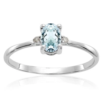 Anillo de oro blanco macizo de 14 quilates con diamantes aguamarina Foto 1 de 4