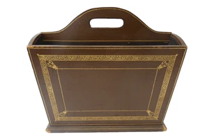 Style Brown Leather Gold Embossed Border Magazine Newspaper Organizer Rack Stand - Picture 1 of 15