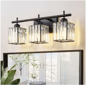 3 Lights Matte Black Bathroom Vanity Light Modern/Contemporary Crystal Shade - Picture 1 of 8