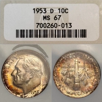 MS67 1953-D 10C Roosevelt Silver Dime, NGC- Old Fatty Holder, Toned w/ Luster - Image 1 of 4
