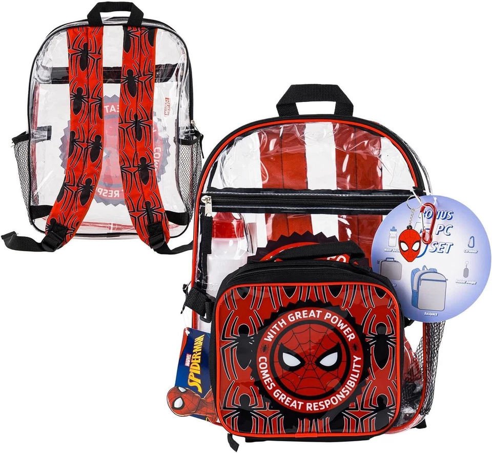 Large Backpack - Marvel - Spiderman - Set 5 w/Lunch Bag Clear Boys 16" Bag - Image 1 of 1