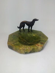 Antique Bronze Dog Green Onyx Trinket Holder Ashtray 6.75"W - Picture 1 of 10