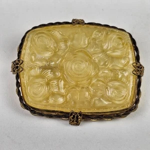 Czech Molded Uranium Yellow Glass Vintage Signed Brooch 2" - Picture 1 of 12