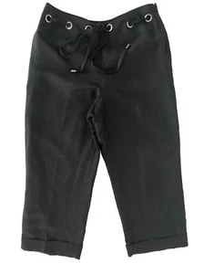 Larry Levine Womens Ankle Cropped Pants Size 8 x 23 Linen Drawstring Black - Picture 1 of 9