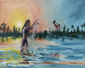 Oil Painting Woman Mother Kid Child in Lake Sunset Landscape Art A. Joli - Picture 1 of 1