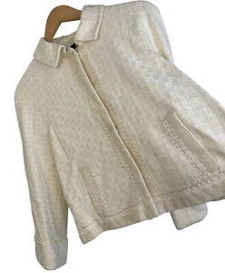 Saks Fifth Avenue Signature Tweed Blazer Jacket Size 10 EUC Ivory 3/4 Sleeve - Picture 1 of 15