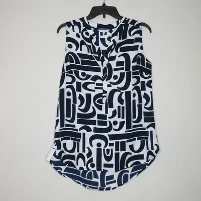Fox Croft Womens Sleeveless 1/4 Button Geo Pattern Split Neck Tunic Blouse M B49 - Image 1 of 4