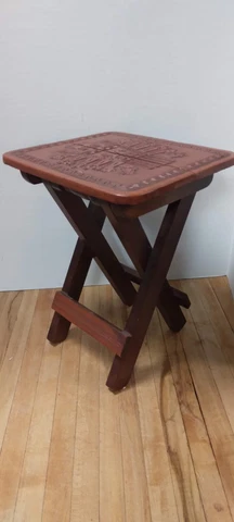 Vintage Decorative Hand Carved Wood and Leather Folding Tiny Table Cover