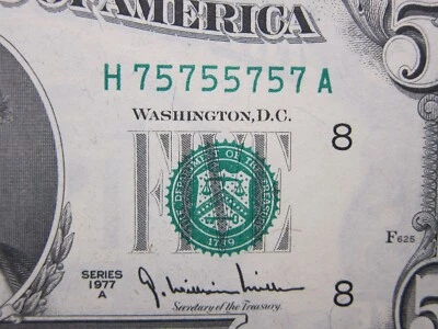 RARE 2 Digit Radar Matched Pair 1977A $5 & 1988A $10 #75755757 - Image 1 of 4