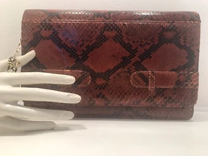 Vtg Clutch Purse Real Snake Skin Nut Tan,Cat Charm Inner Zip Pocket Card Holders - Picture 1 of 23