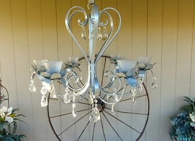 Chandelier Wrought Iron Metal  Silver Vtg Crystals Repurposed Not Electric - Image 1 of 4