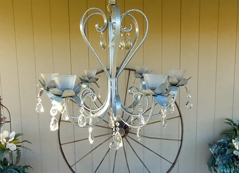 Chandelier Vintage Wrought Iron Metal  Silver Vtg Crystals Candle Repurposed Cover