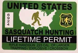 United States Sasquatch Hunting Permit Sticker Die Cut Decal Bigfoot Believe Gun - Picture 1 of 3