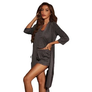 and home wear three-piece pajama set Women's cami shorts, robe, - Picture 1 of 6