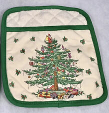 Spode 9x8 CHRISTMAS TREE Quilted Oven Mitts / Potholders: Green & Ivory