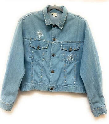 Jaqueta jeans vintage Vivaldi tamanho médio metálica enfeitada feita nos EUA - Imagem 1 de 4