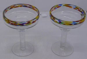 2 ART GLASS MARGARITA GLASSES WITH COLORFUL RIMS, BARWARE - Picture 1 of 4