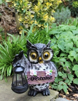 Garden Ornament Owl Solar Large Bird Lamp Welcome to my Garden Decor Patio  - Image 1 of 4