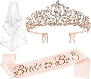 3 Pcs Bachelorette Party Decorations Bridal Shower Crown, Bride to Be Sash&Veil - Picture 1 of 6