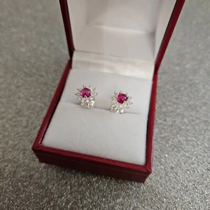 Ruby & Zircon halo stud earrings in Sterling Silver - Picture 1 of 4