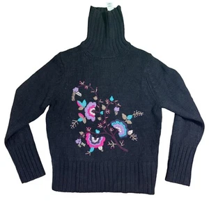 The Limited Sweater Women's Large Black Knit Wool Turtleneck Floral Embroidered - Picture 1 of 8